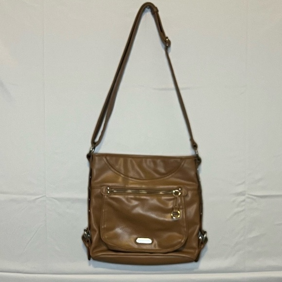 Franco Sarto Handbags - Franco Sarto, Nylon, Tan Crossbody/Shoulder Bag. Button Accent on each side